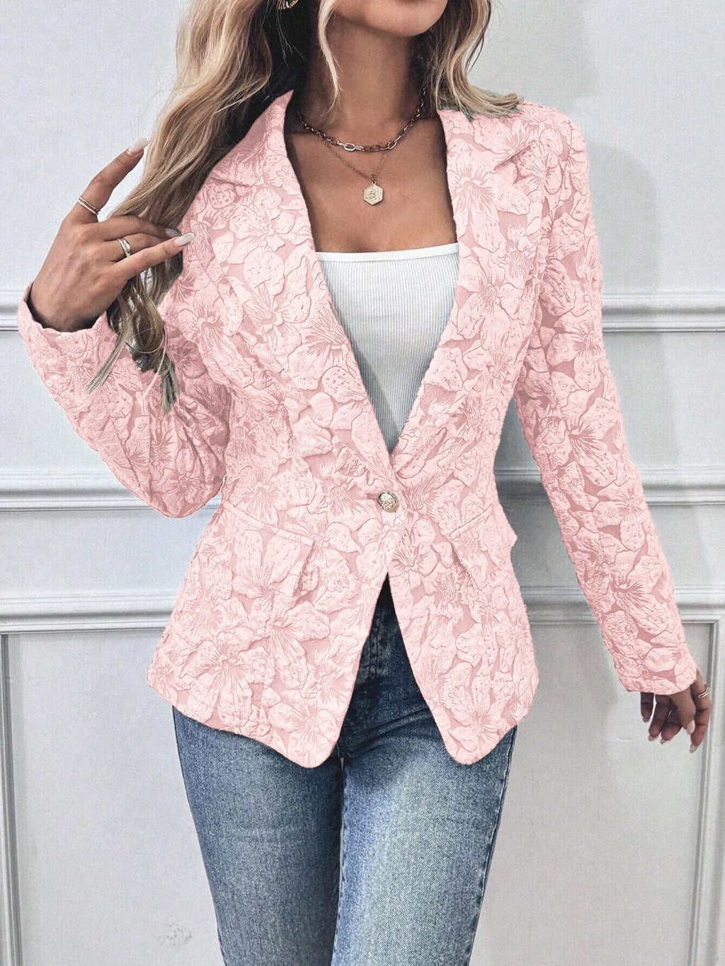 Women's Blazer Pink Floral Print Single Button with Pockets ceb9452c57ef46f7aec2e16247cd2b29-Max-Origin Trendsi