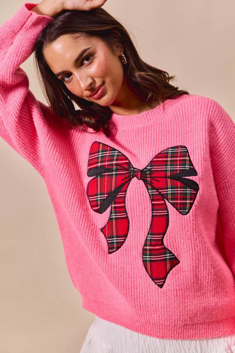 SO ME Womens Christmas Holiday Sweater Pink with Checker Plaid Ribbon cebe0ceb5c4e4220927ea2f1a261acf9-Max-Origin Trendsi