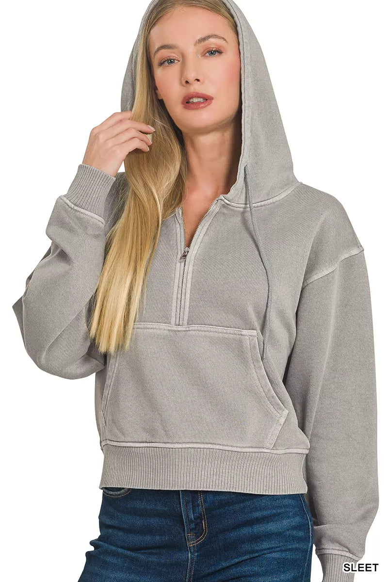Zenana Fleece Hoodie Gray Pigment Dye Half Zip Kangaroo Pocket Zip Top cec70e1e-2dd1-42ad-b2d0-3cb73953af45-Max-Origin Trendsi