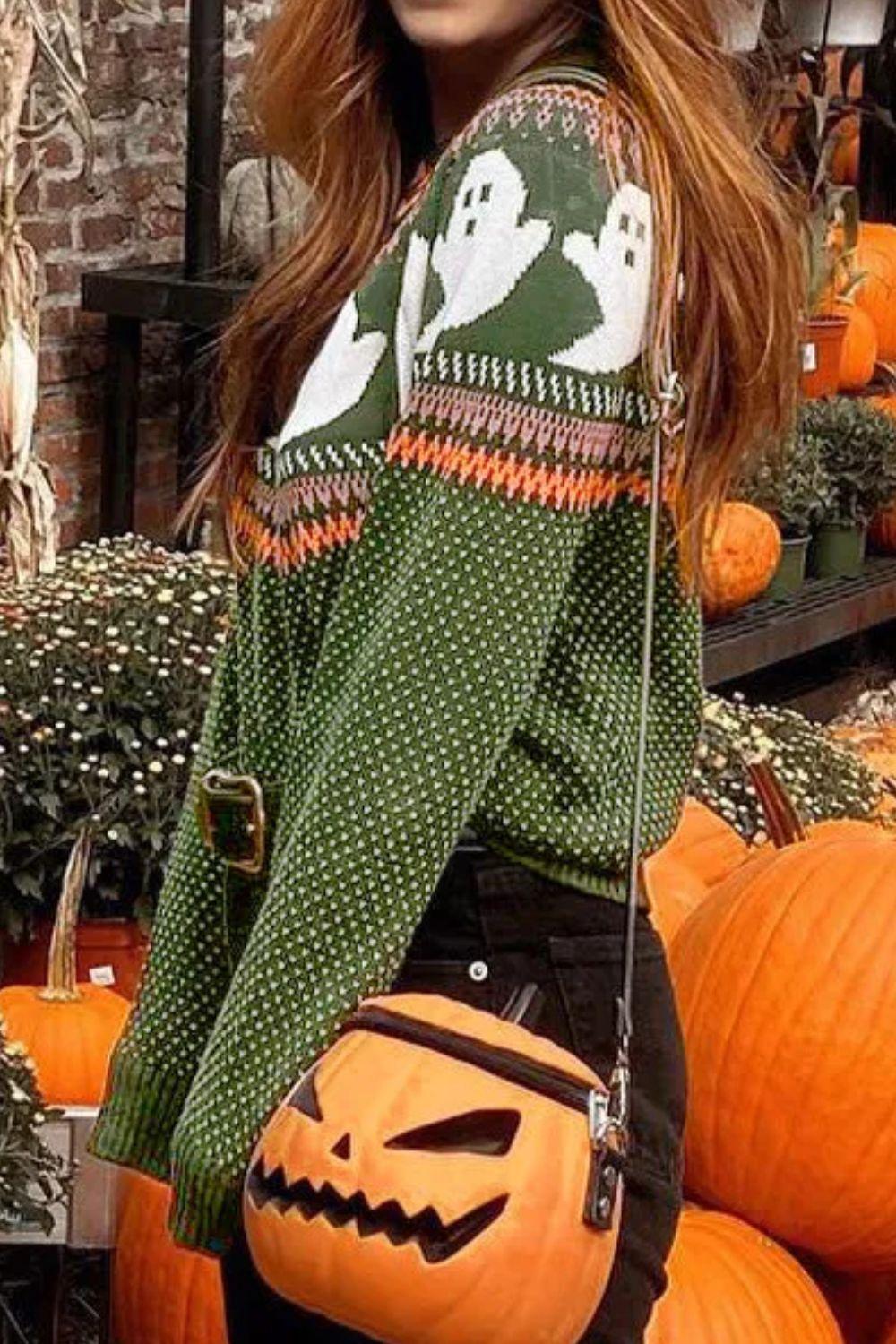 Ghost Sweater Round Neck Long Sleeve Halloween Pullover cecc3ce9-58e6-457b-91ac-37d891924877-Max Trendsi