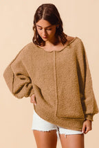 SO ME Womens Sweater Taupe Loose Fit Exposed Seam Slouchy Boucle ced2afe7415d4556a8769be128256f62-Max-Origin Trendsi