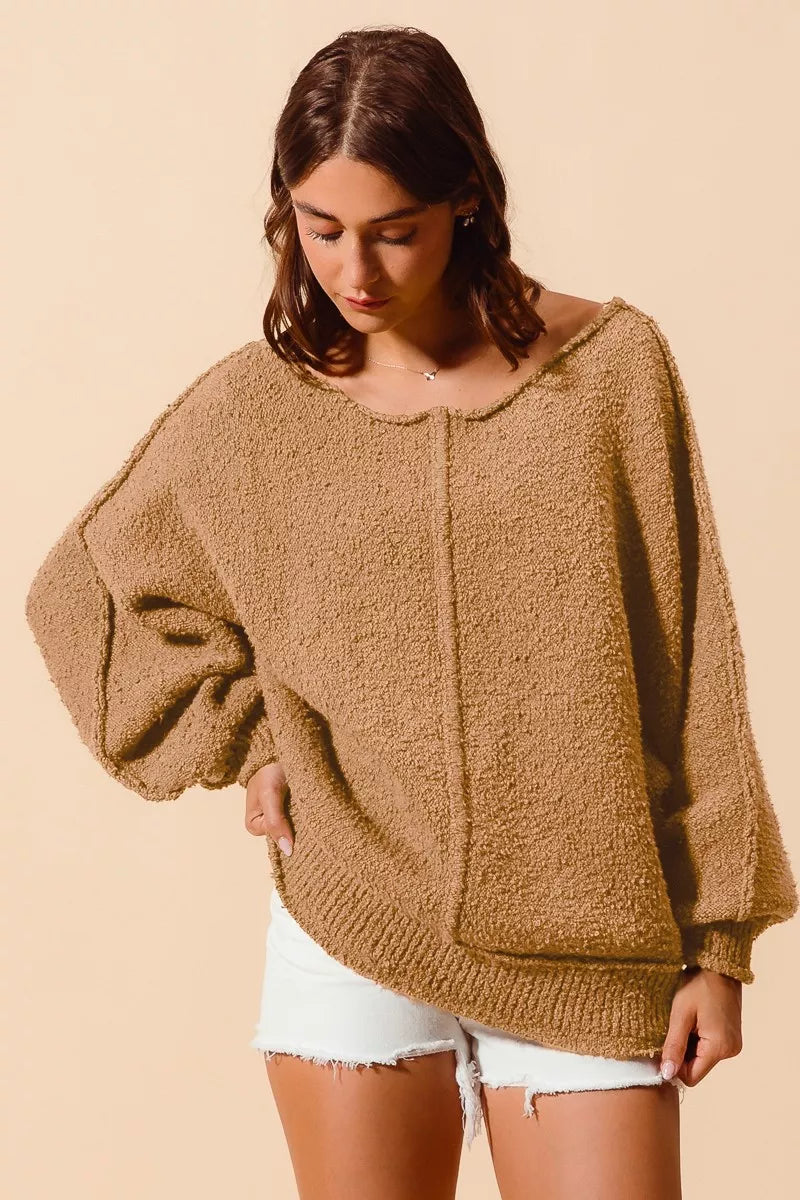 SO ME Womens Sweater Taupe Loose Fit Exposed Seam Slouchy Boucle ced2afe7415d4556a8769be128256f62-Max-Origin Trendsi