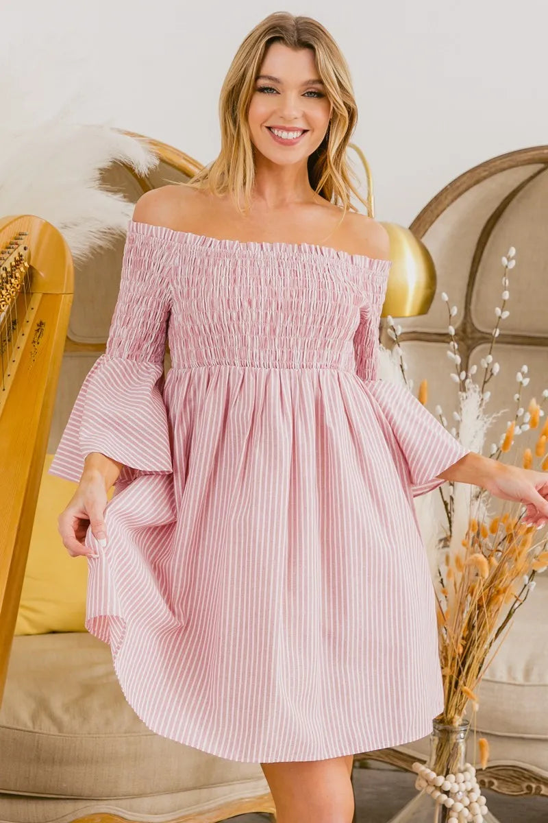 BiBi Striped Dress Blush Pink Smocked Off Shoulder Ruffled ced6cc2ea1244e3095706c272a17be32-Max-Origin Trendsi