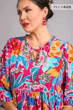 Umgee Midi Dress Floral Mulberry Mix Print Tie Neck with Pockets 3/4 Sleeve ced8a482-0a9c-43d5-b551-56da61a8357d-Max-Origin Trendsi