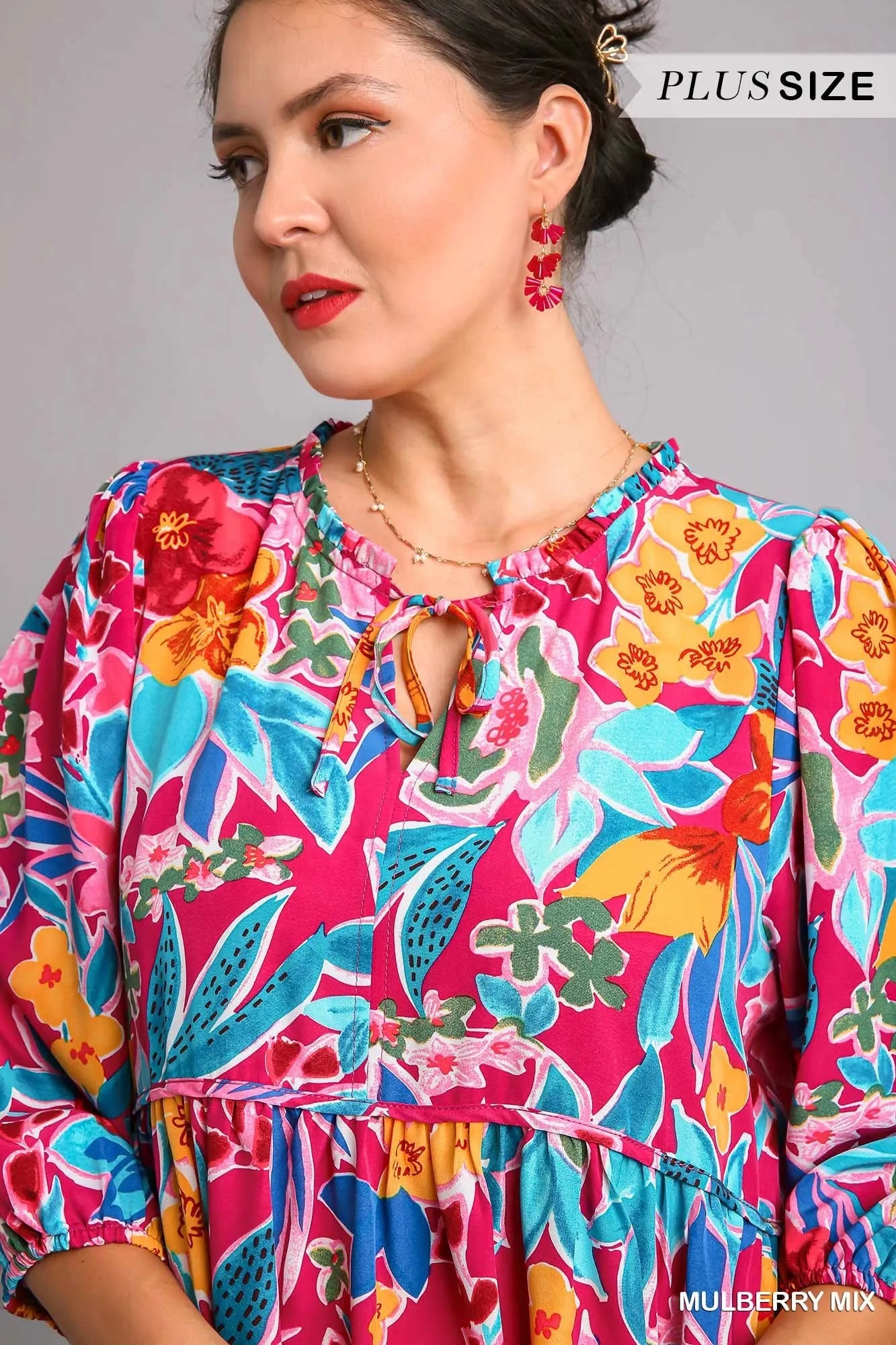 Umgee Midi Dress Floral Mulberry Mix Print Tie Neck with Pockets 3/4 Sleeve ced8a482-0a9c-43d5-b551-56da61a8357d-Max-Origin Trendsi