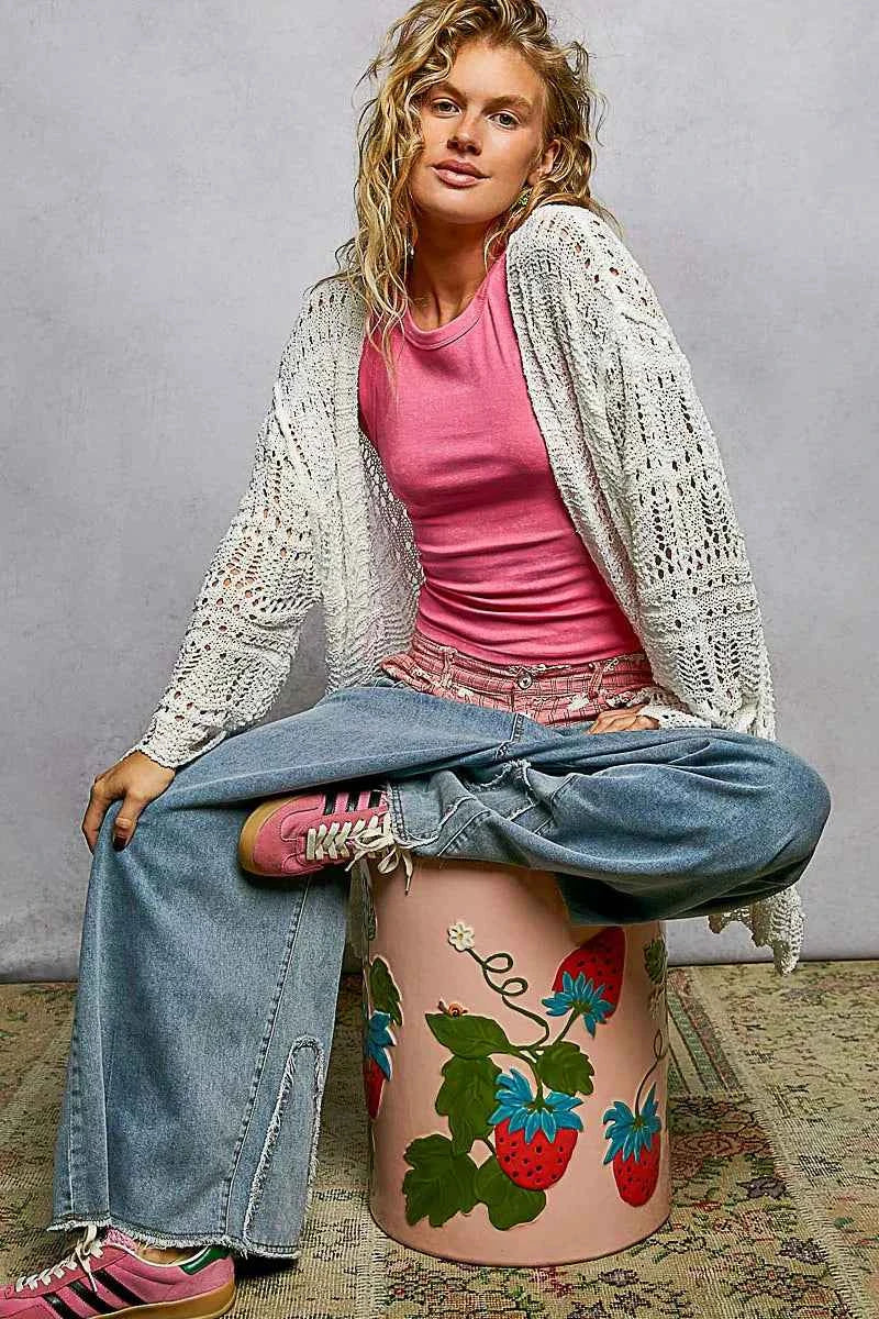 POL Openwork Lightweight Open Front Cardigan with Scalloped Edge