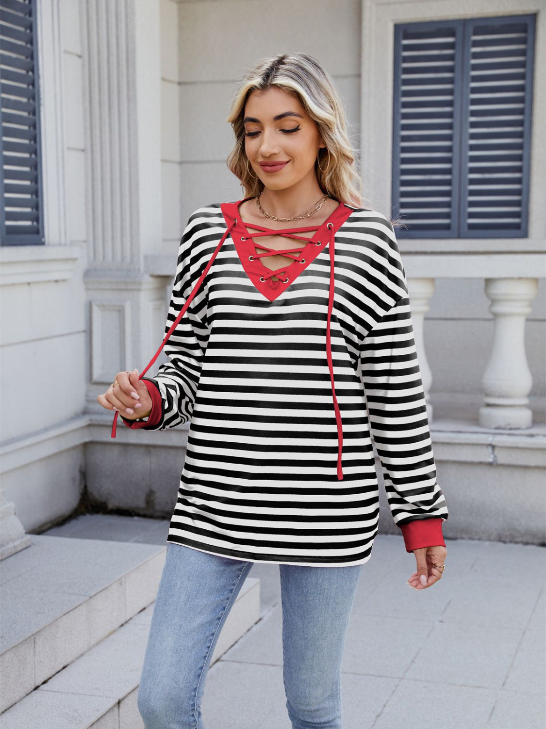 Striped T-Shirt Lace-Up Crisscross V Neck Long Sleeve Blouse Top ceec7c97-4194-4e8d-8b58-ccfcd911fccb-Max Trendsi