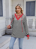 Striped T-Shirt Lace-Up Crisscross V Neck Long Sleeve Blouse Top ceec7c97-4194-4e8d-8b58-ccfcd911fccb-Max Trendsi