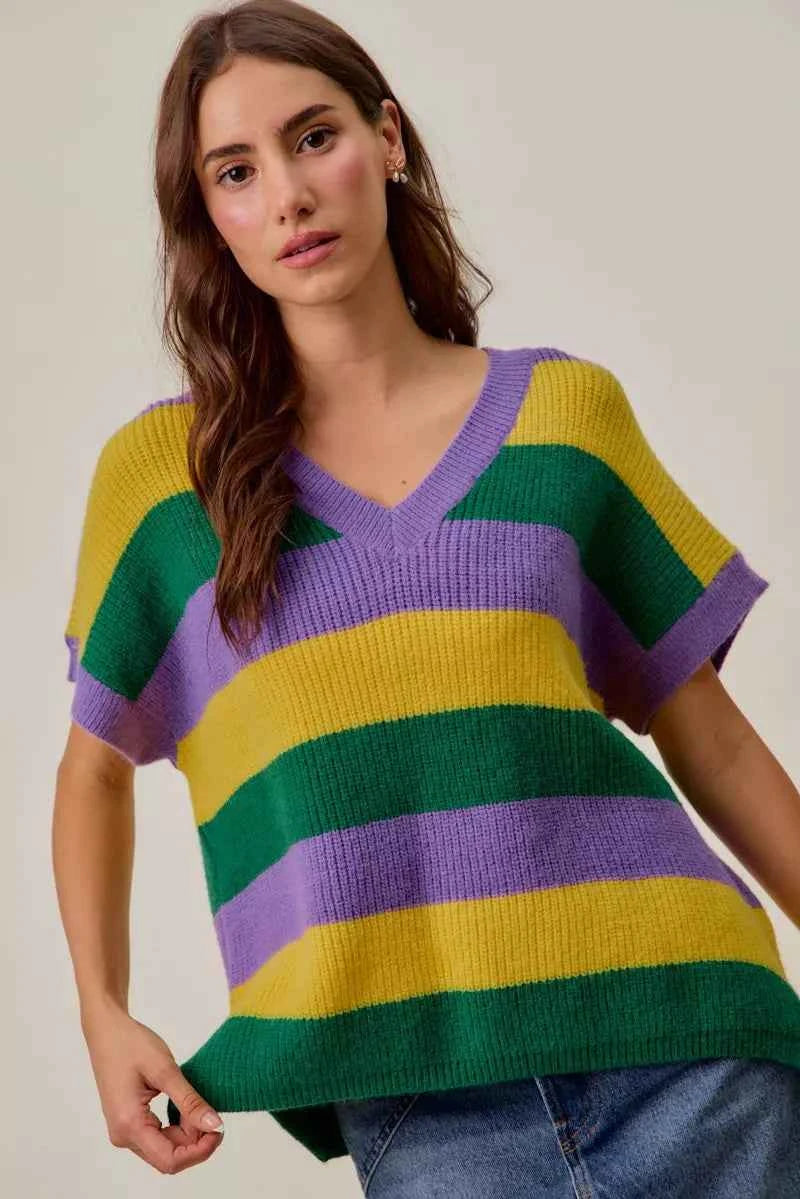 SO ME Women Sweater Purple Mix Mardi Gras Loose Fit V Neck Stripe Top PURPLE MUSTARD GREEN ceeddc93dd404bfea3f67d7d86ba5974-Max-Origin Trendsi