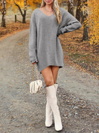 V-Neck Sweater Knit Dress Oversized Dropped Shoulder Sweater Dress ceeec099-d99c-4153-98c9-8759d4342f4c-Max Trendsi