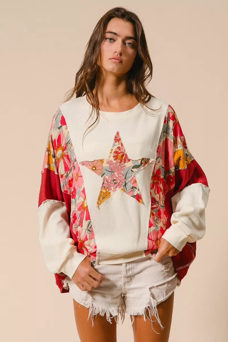 BiBi Sweatshirt Floral Print Mixed Star Patch Round Neck Top cef303f661f9430a9cd15e6acd8fe8d1-Max-Origin Trendsi