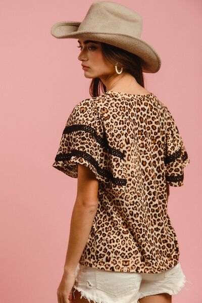 Bibi Leopard Print Blouse Crochet Trim Short Sleeve Top cef3801b-93b3-45b9-804d-e0f5aa2e6bda-Min Trendsi