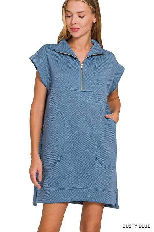 Zenana Mini Dress Textured Knit Jacquard Dusty Blue Quarter Zipper Oversized DUSTY BLUE cef8c8c572e546908329f5f952549a91-Max-Origin Trendsi