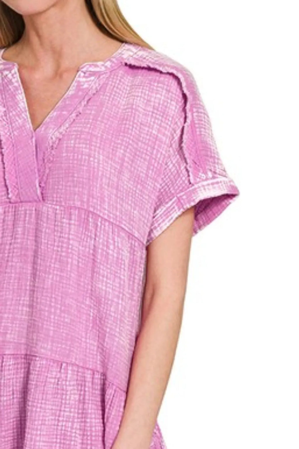 Zenana Dress Mauve Washed Double Gauze Raw Edge V-neck Short Sleeve cf03e5e6-7200-4643-bd53-3eef2331613d-Max-Origin Trendsi