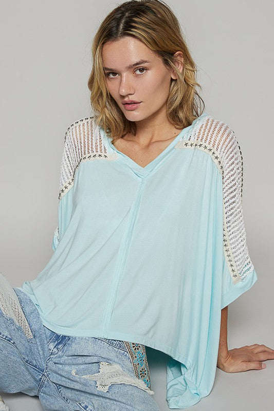 POL Oversize V-Neck Top Crochet Lace Contrast Studded Mint Blue Blouse Mint Blue cf06bf62-ea40-4e84-9d45-8e83ced29f57-Max Trendsi