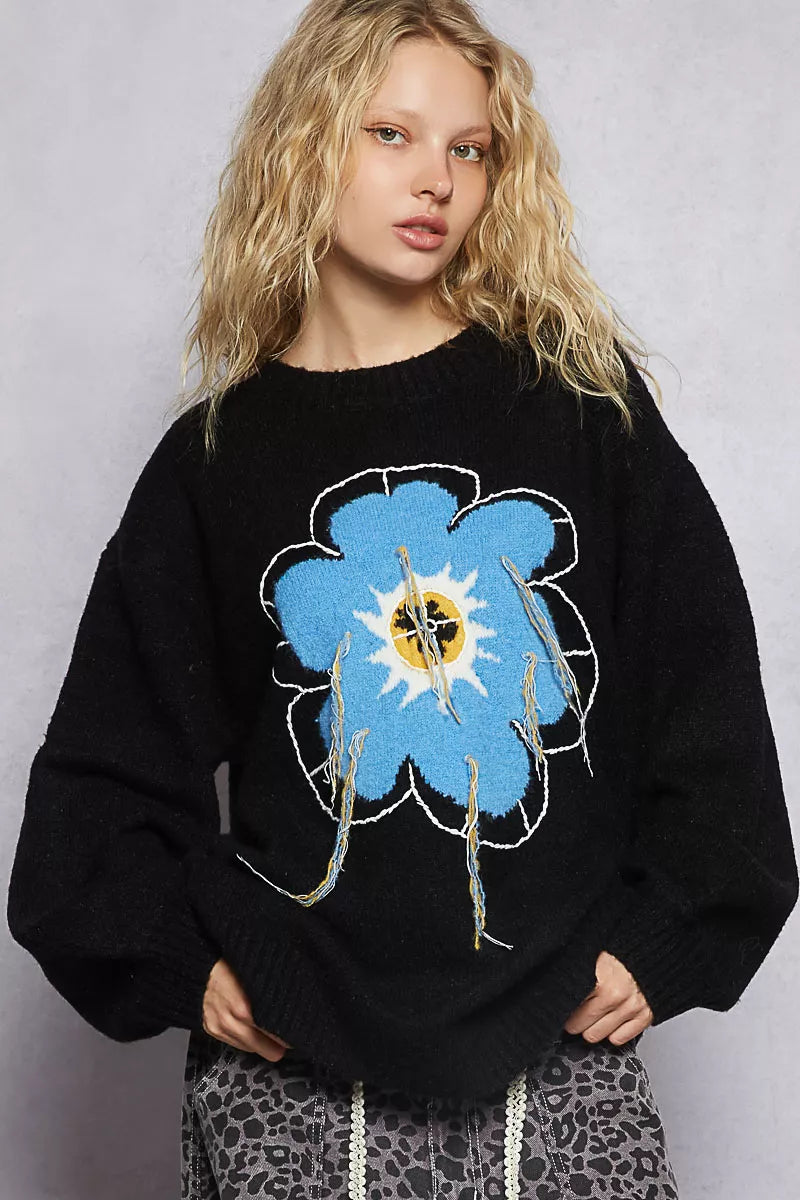 POL Black Sweater Floral Pattern Round Neck with Exposed Stitching Pullover cf07706c-3c8c-4b6d-99b7-95b00912cf94-Max-Origin Trendsi