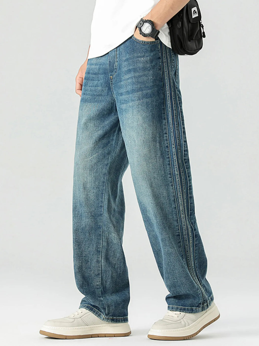 Men's Straight Leg Jeans Blue Washed with Side Stripes Denim Basic Style Blue cf0ad218b51f4b9b9cf5c3c3e5c6e60f-Max-Origin Trendsi