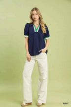 Umgee Blouse Navy Blue Puff Short Sleeve Zip Front with Contrast Striped Trim cf0c16b5-6f9f-4436-8ca6-953ffa266fe2-Max-Origin Trendsi