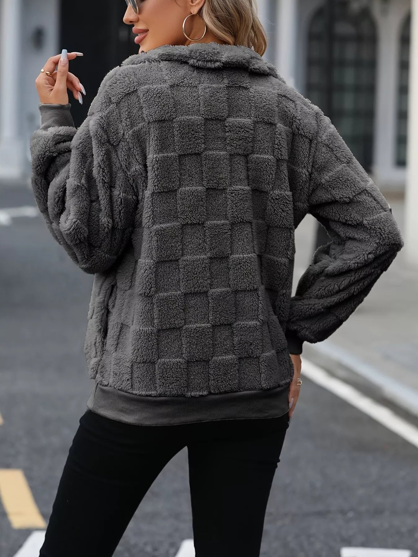 Womens Sweatshirt Cozy Checkered Fleece Dark Gray Quarter Zip Top cf0fc292f92547e8860791ed992b511d-Max-Origin Trendsi