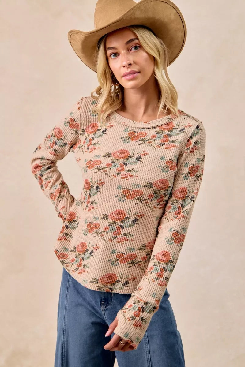 BiBi Womens Blouse Taupe Floral Print Washed Waffle Thermal Top with Thumbs cf10f58b21c945afb493d271cf74e04c-Max-Origin Trendsi
