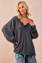 BiBi Womens Sweatshirt Ash Black Mineral Washed French Terry Oversized Top cf18f65ea98f46928539b2406e1ce4f1-Max-Origin Trendsi