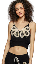 POL Embroidered Fringe V-Neck Cropped Cami Top