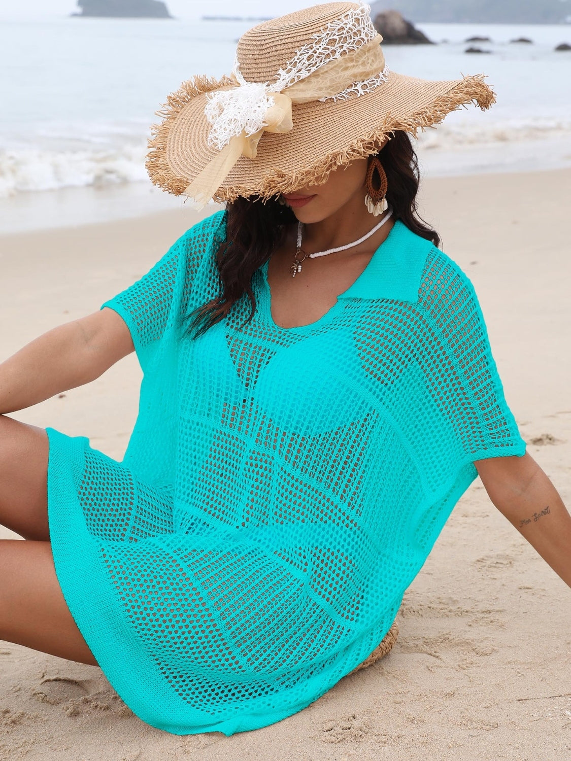 Cover-Up Dress Hollow Out Collared Neck Short Sleeve Sheer Openwork Aqua One Size cf248679-2394-464c-9161-fa1a59774185-Max Trendsi