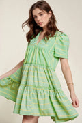 Ruffle Dress Stripe V Neck Green Short Sleeve Frilled Detail Gum Leaf cf260300-64fa-45ec-add9-48df68cc8676-Max-Origin Trendsi