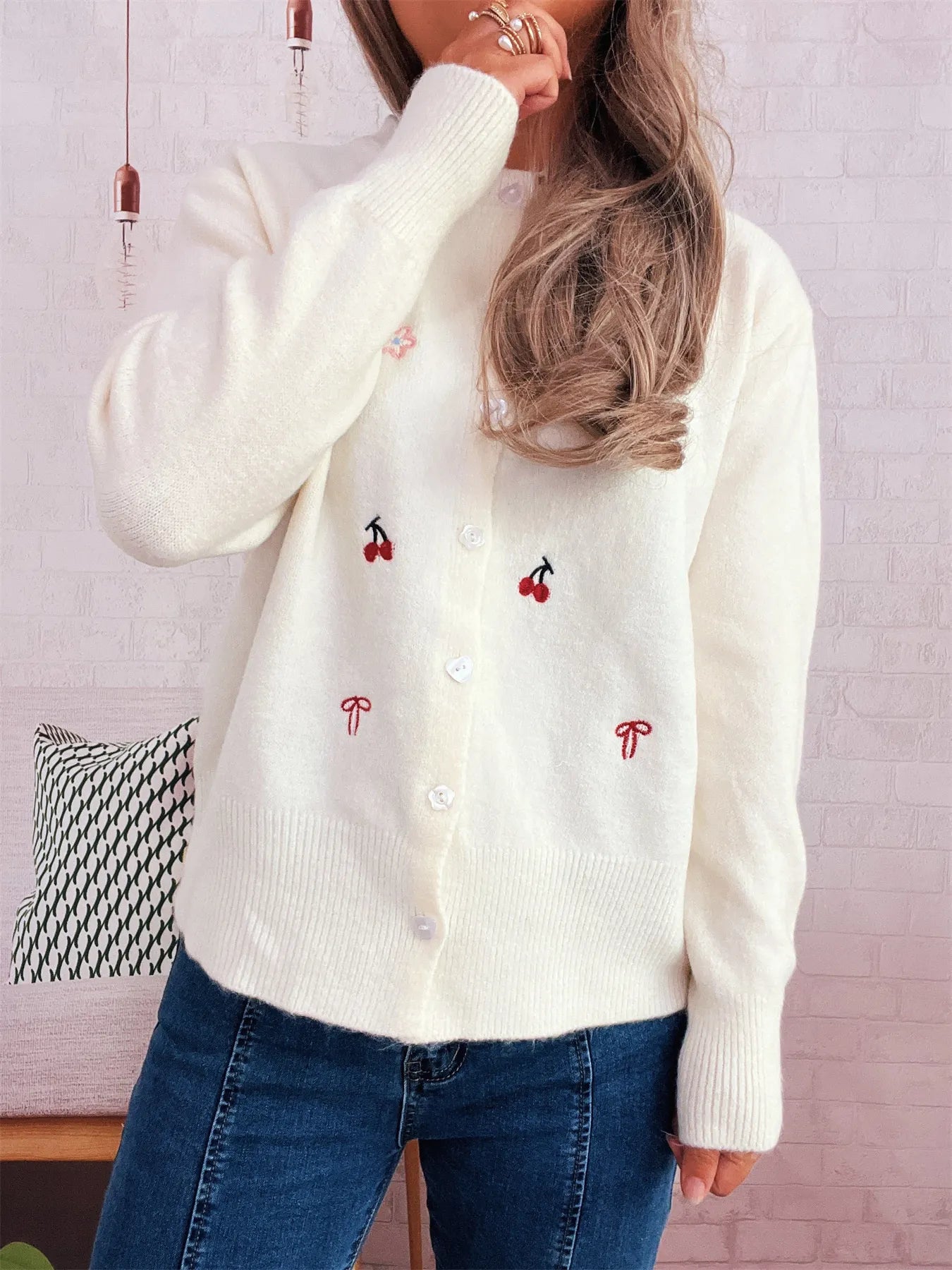Women's Cardigan Ribbed Button-Front Knit Embroidered Long Sleeve White One Size cf333c35db8e4873b1b639e348416ddb-Max-Origin Trendsi