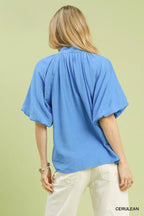 Umgee Blouse Blue Embroidered Boho Puff Short Sleeve Top cf34ad8e-9e82-48af-9129-4b359d4043a9-Max-Origin Trendsi