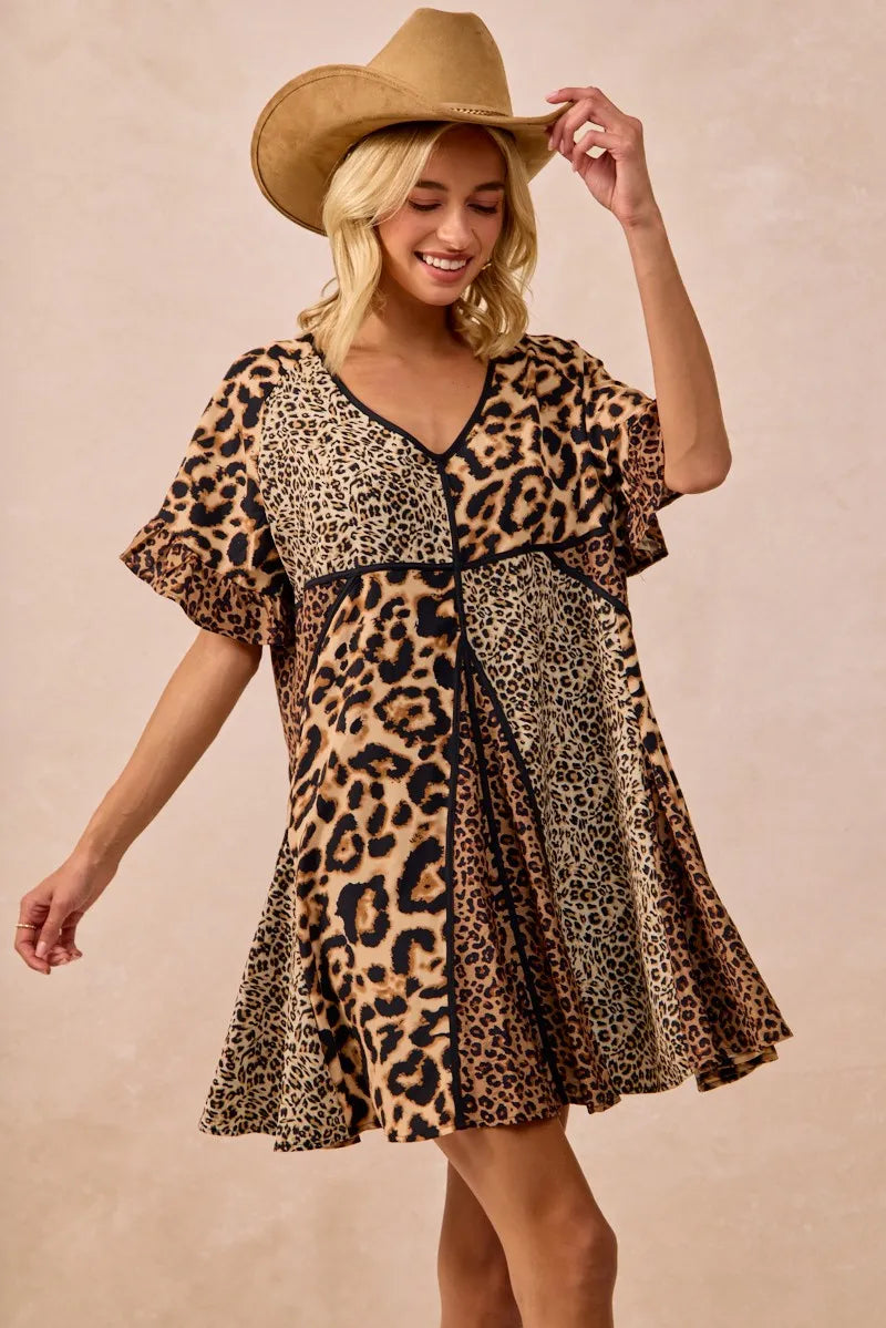 BiBi Leopard Dress Mix and Match Prints Short Sleeves Oversized V Neck cf405781df654707a1f343234ce4bf40-Max-Origin Trendsi