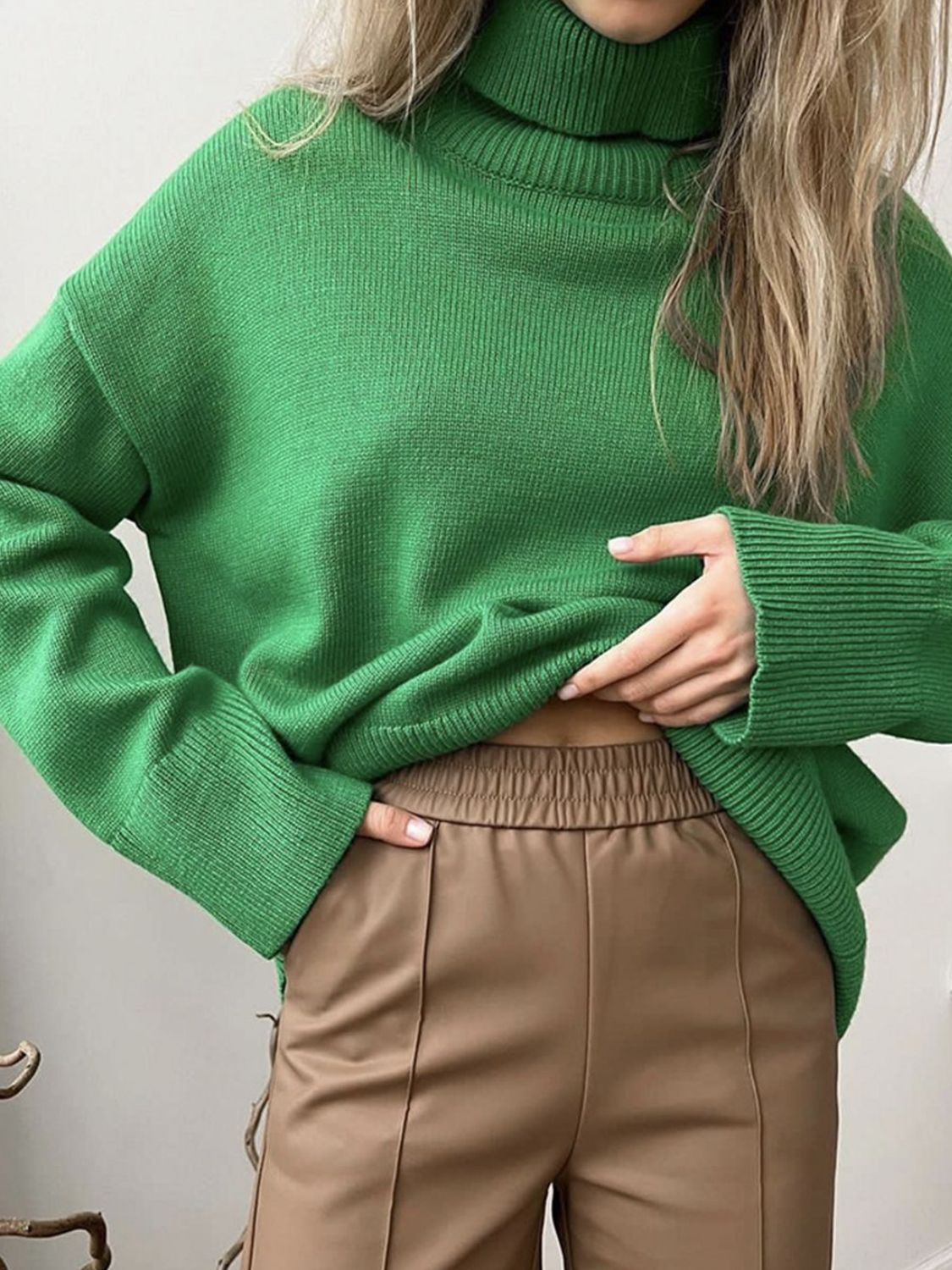 Turtleneck Women Sweater Basic Solid Oversized Long Sleeve Soft Knit Acrylic Dark Green One Size
