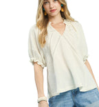 Umgee Cotton Gauze Ruffle Top - Lightweight Breathable V-Neck with Lace Trim, Sizes S- L
