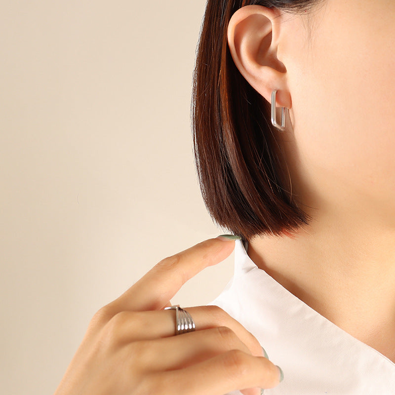 18K gold-plated Earrings Titanium Steel Hoop Geometric Huggie Fashion Jewelry Silver Rectangle One Size cf5f5d4e-5498-48fe-bdee-3d50ca655909-Max Trendsi