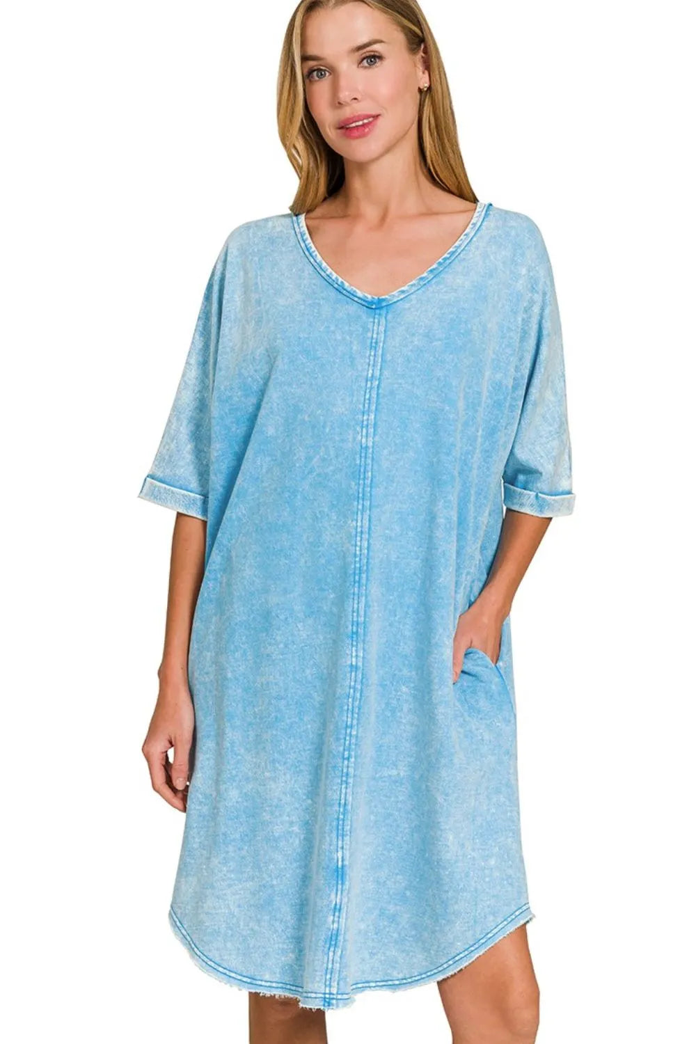 Zenana Shirts Dress Deep Sky Acid-washed French Terry Tee Oversized DEEP SKY cf616176-0dac-46e4-84b4-f7607bc640ae-Max-Origin Trendsi
