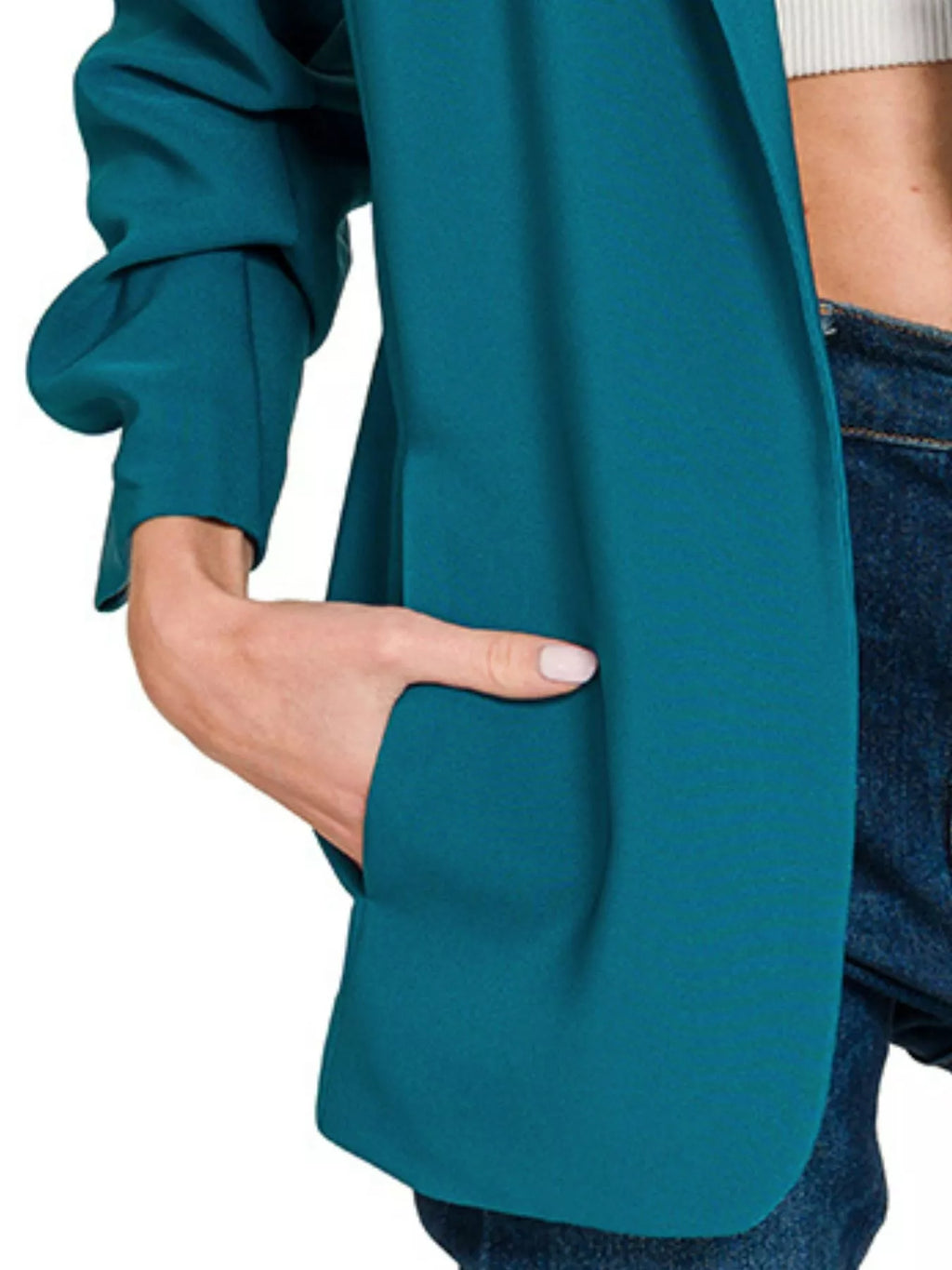 Zenana Womens Balzer Teal Woven 3/4 Ruched Sleeve Open Front Classic Jacket cf6d1707-d6e1-42bb-8616-cf4754f0ed6d-Max-Origin Trendsi