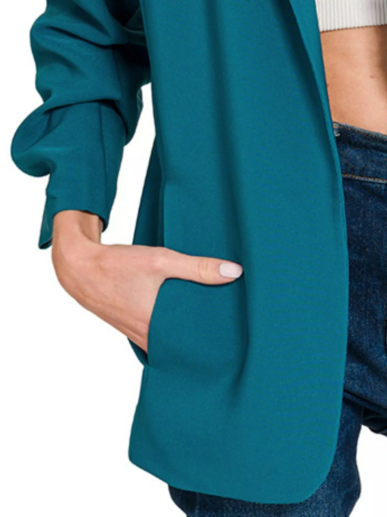 Zenana Womens Balzer Teal Woven 3/4 Ruched Sleeve Open Front Classic Jacket cf6d1707-d6e1-42bb-8616-cf4754f0ed6d-Max-Origin Trendsi