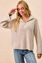 BiBi Womens Knit Top Taupe Two Tone Rib Texured with Zip Up Collared Sweater cf6d4a25046e4bc9beaf11a65383aeeb-Max-Origin Trendsi