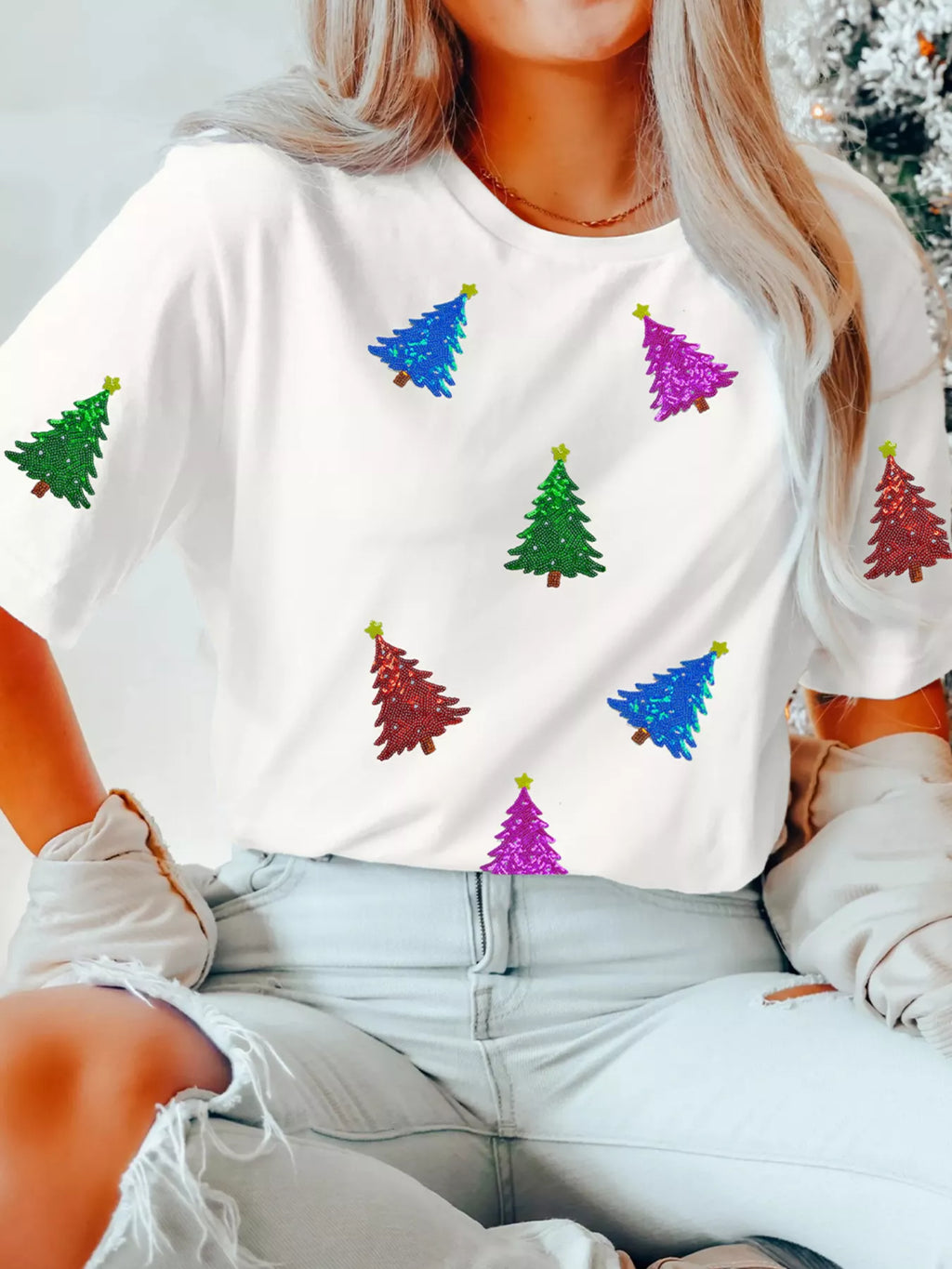 Womens White T-Shirt Christmas Tree Sequns Relaxed Fit Top Tee cf6db65d2160404a900842dfb707694d-Max-Origin Trendsi
