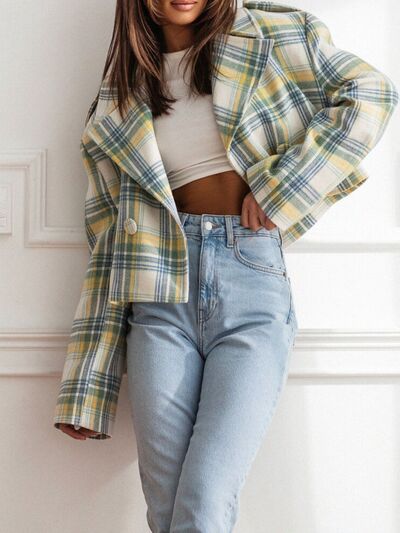Plaid Cropped Women's Jacket Lapel Collar Single Breasted Long Sleeve Outwear cf70f7db-0df9-4613-ab4f-59e5538fc7f0-Min Trendsi
