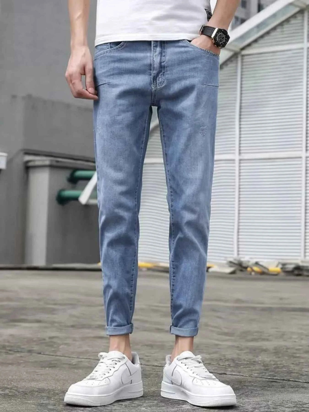 Men's Jeans Light Blue Wash Slim-Fit Denim Pants Blue cf734ffc3b5f408381a960f82883fcb6-Max-Origin Trendsi