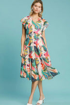 Umgee Midi Dress Orange Leaf Mix Print Cap Short Sleeve Tiered High Waist cf793b7e-905e-4b88-8fdb-1dc589b7c959-Max Trendsi