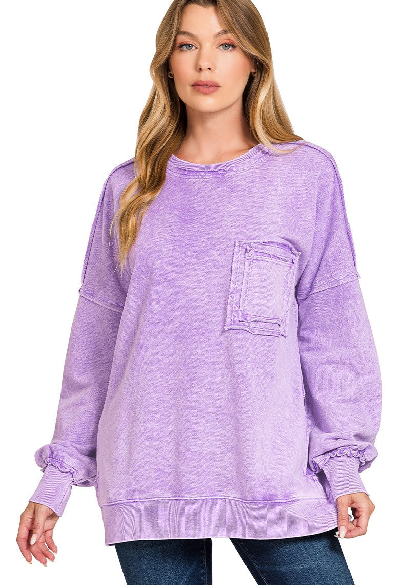 Zenana Halo Washed French Terry Exposed-seam Sweatshirt