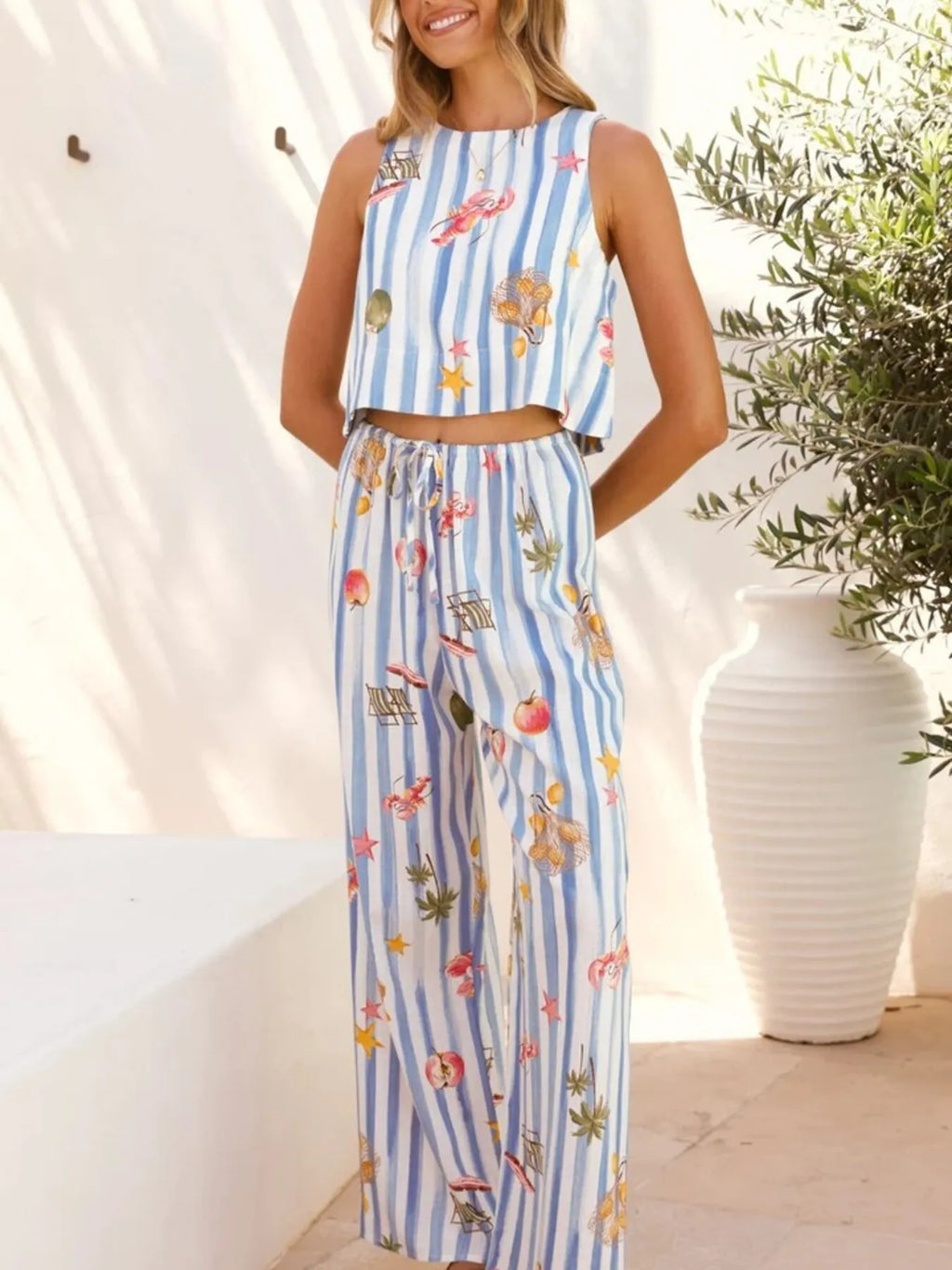 Women's Outfit Set Blue Summer Printed Stripe Tank Top and Pants Two-piece Blue cf862dc762f04828a06b122dff0cdb30-Max-Origin Trendsi