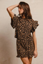 BiBi Leopard Outfit Set Waffle Texture Layered Ruffle Sleeve Top and Shorts cf8fc039ad5c433eb7ec84d4e24dcefd-Max-Origin Trendsi