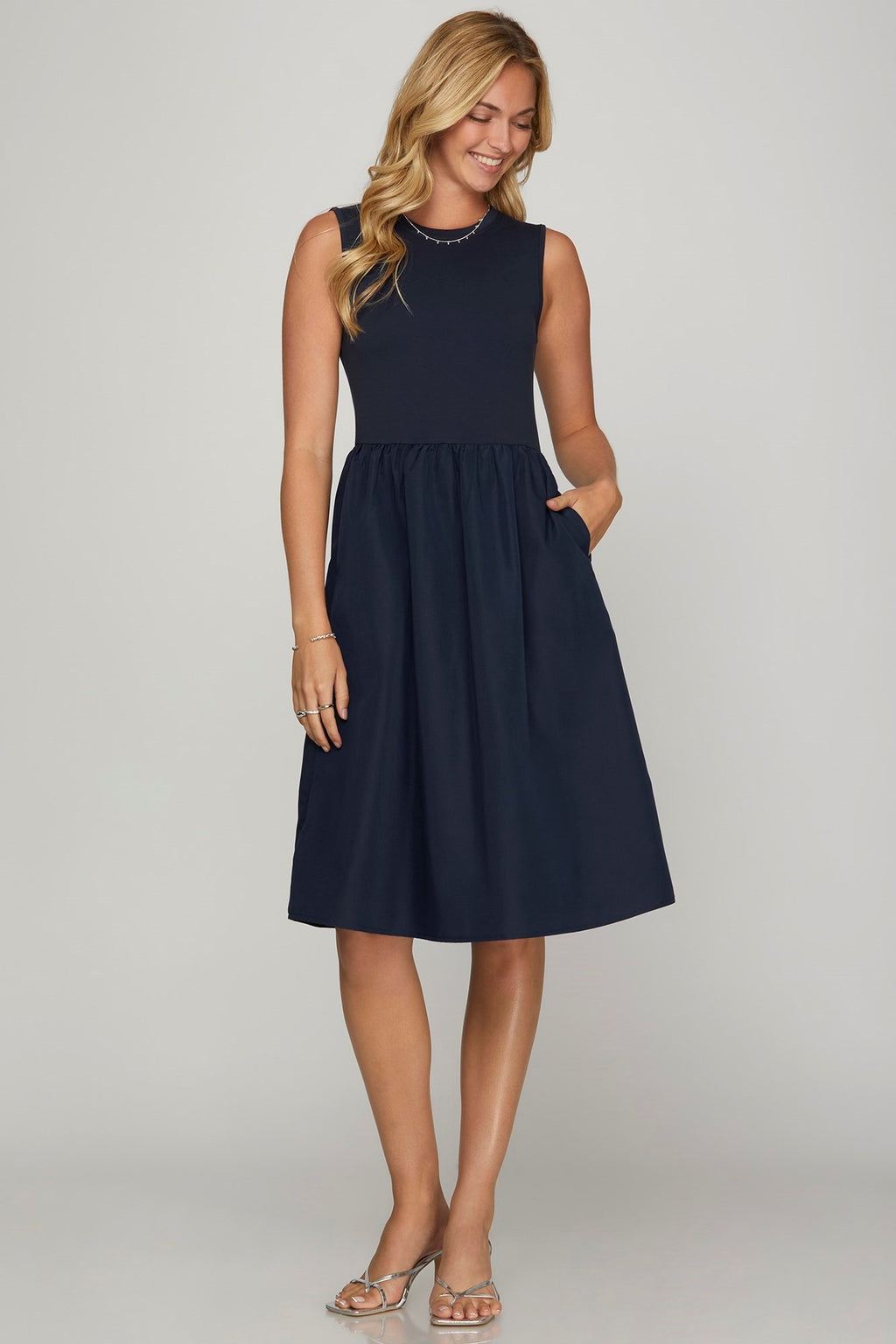 She + Sky Midi Dress Sleeveless Poplin Woven with Pockets S-2XL Dark Navy cf9327f4-7448-4ce6-ada2-39c997f95146-Max Trendsi