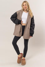 Blazer US HYFVE Herringbone Mixed Media Contrast Long Sleeve Coat cf95656e-b012-41bb-80ea-91efc95cbe22-Max Trendsi