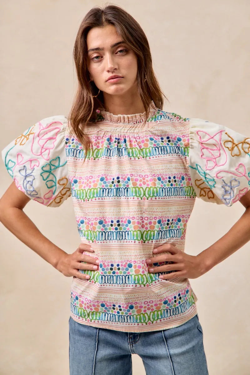 BiBi Blouse Multicolor Ruffle Neckline With Embroidery Bubble Short Sleeve Top cf9756ae0ce34367b3606ac1d47830bb-Max-Origin Trendsi