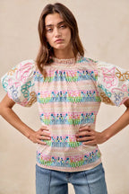 BiBi Blouse Multicolor Ruffle Neckline With Embroidery Bubble Short Sleeve Top cf9756ae0ce34367b3606ac1d47830bb-Max-Origin Trendsi