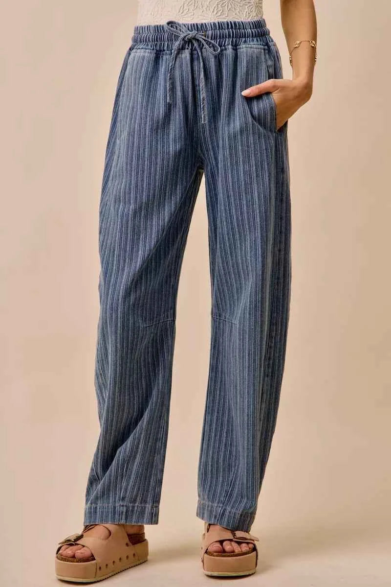 SO ME Stripe Denim Barrel Jeans Drawstring Waistband